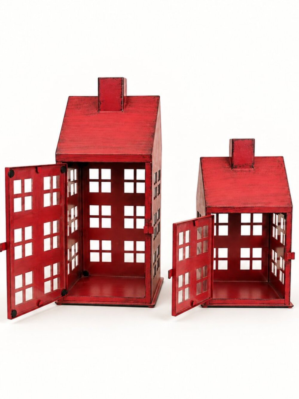 Set of 2 Red Metal House Lanterns Rustic Farmhouse Candle Holders Holiday Decor